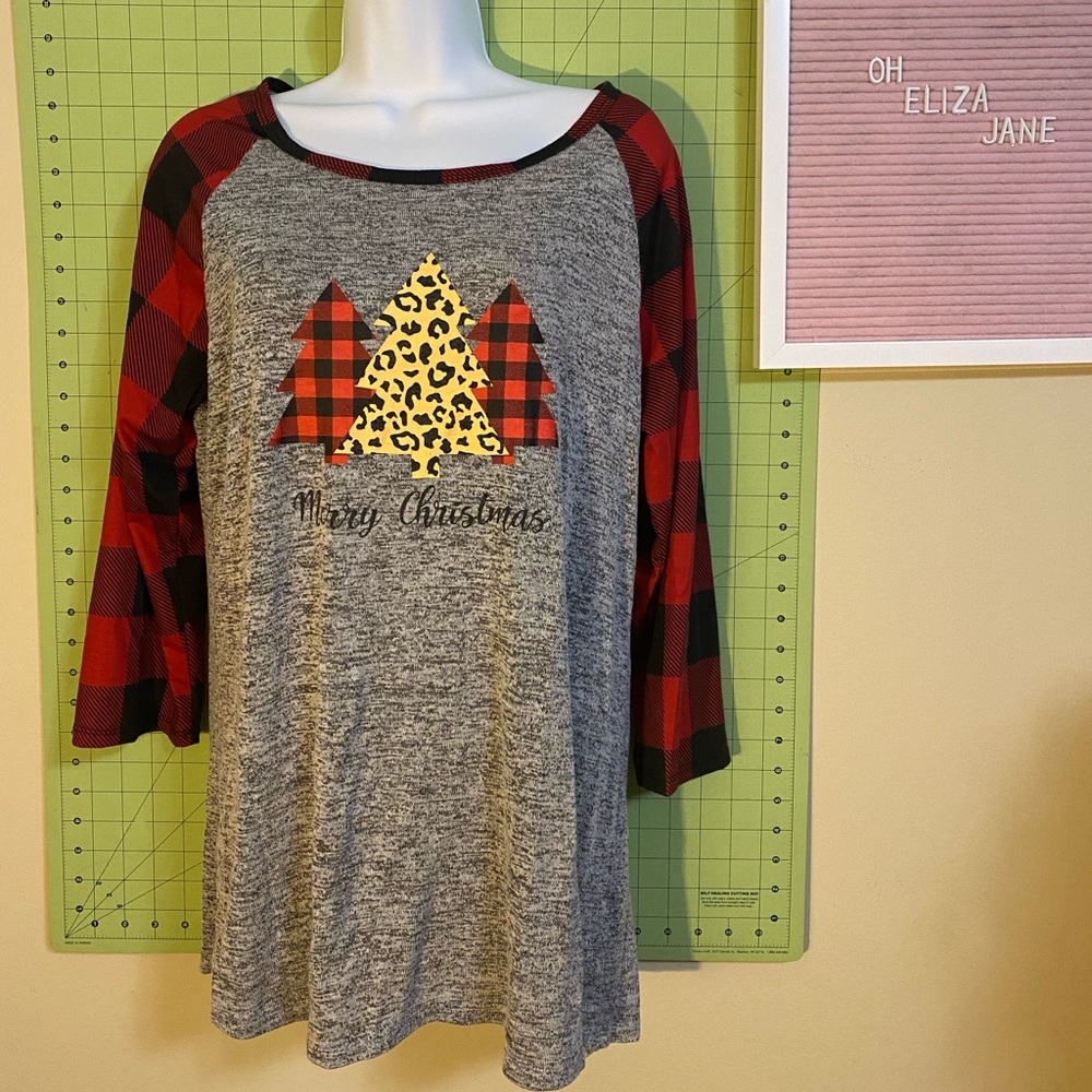 Heather gray with Buffalo plaid sleeves and leopard trees